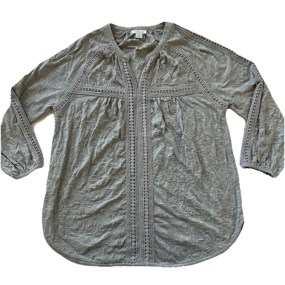 Sundance Romance Peasant Blouse S Textured Slub Knit Top Crochet Lace Boho Gray
